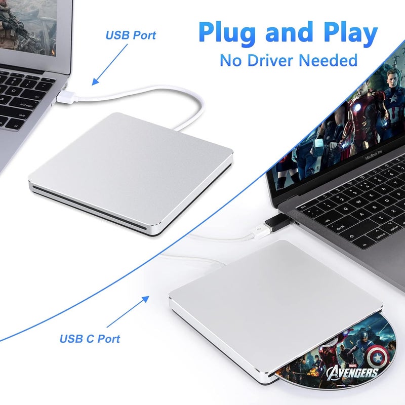 Guamar External CD Drive for Mac: USB 3.0 Superdrive for Apple MacBook - Slim & Portable Slot-in DVD Burner for Laptop PC Windows with USB-C Adapter - Plug & Play Aluminum (Silver) - Image 2